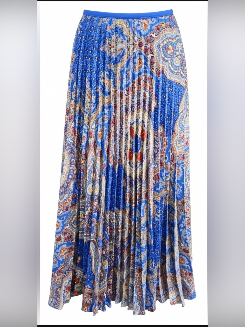 T Tahari Accordion Blue Paisley Pleated Maxi Skirt